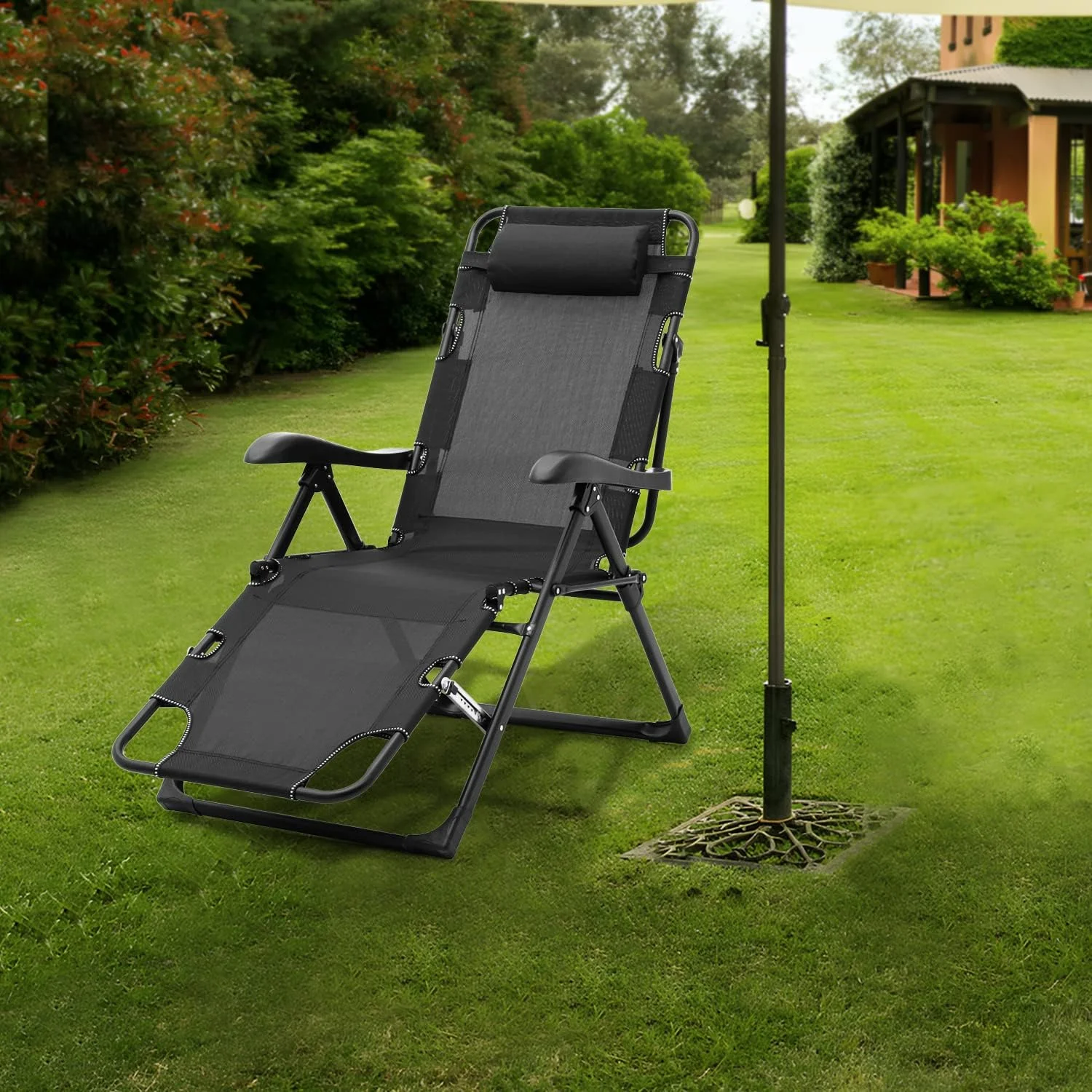 Folding Reclining Patio Chairs, Adjustable Folding Reclining Lounge Chair with Additional Support Bar and Headrest Patio Lawn Recliner for Outdoor Pool Camp Yard, 300 lbs (Black)