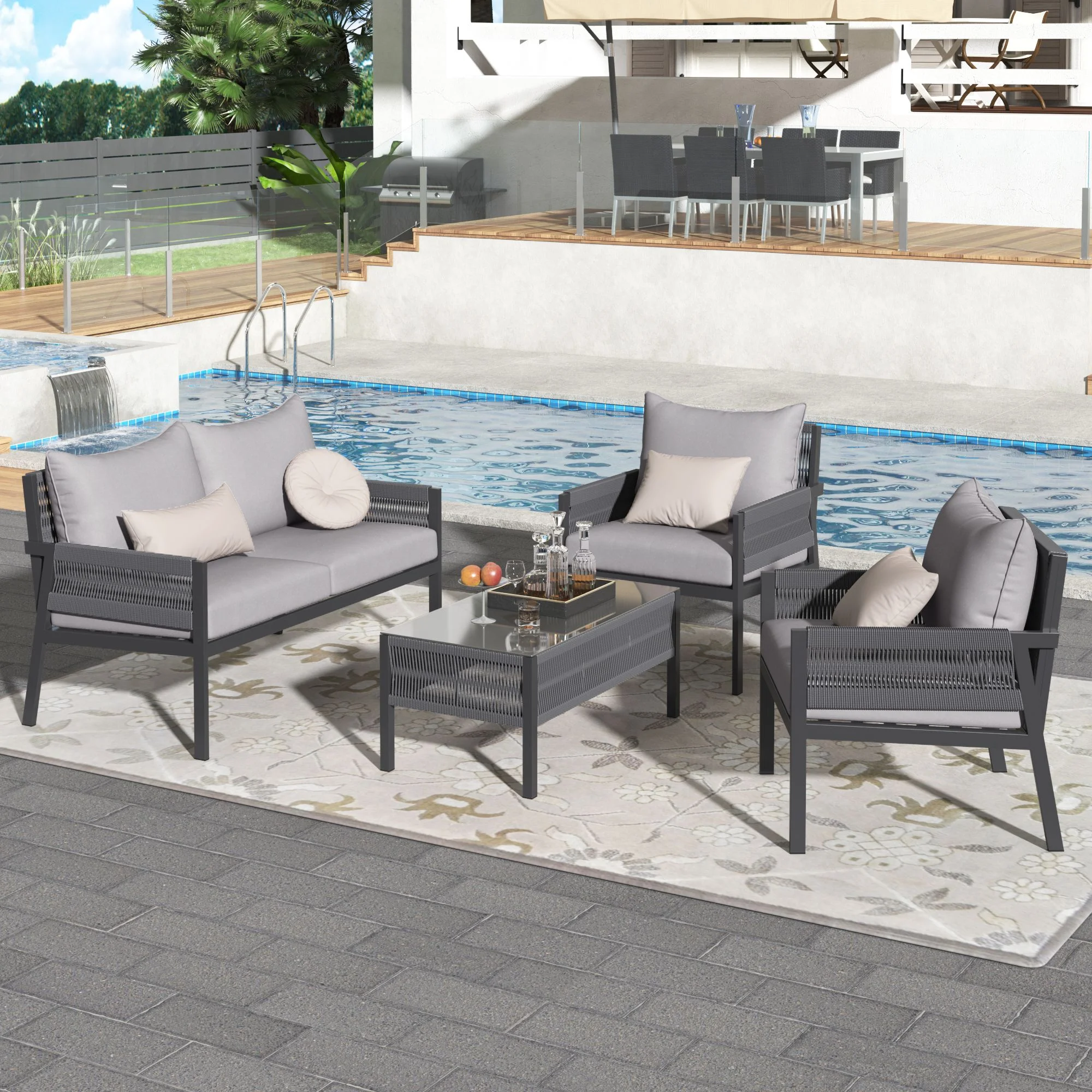 Rope Patio Outdoor Furniture Set 4 Pieces Patio Metal Conversation Sets Patio Sectional Sofa Set with Tempered Glass Table and Thick Cushion for Backyard Porch Balcony(Grey)