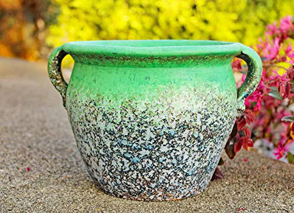 Egyptian  Designed Earthen Ware Terra-Cotta Vessel/Planter With Looped Handles (Taller Distressed Teal Green)