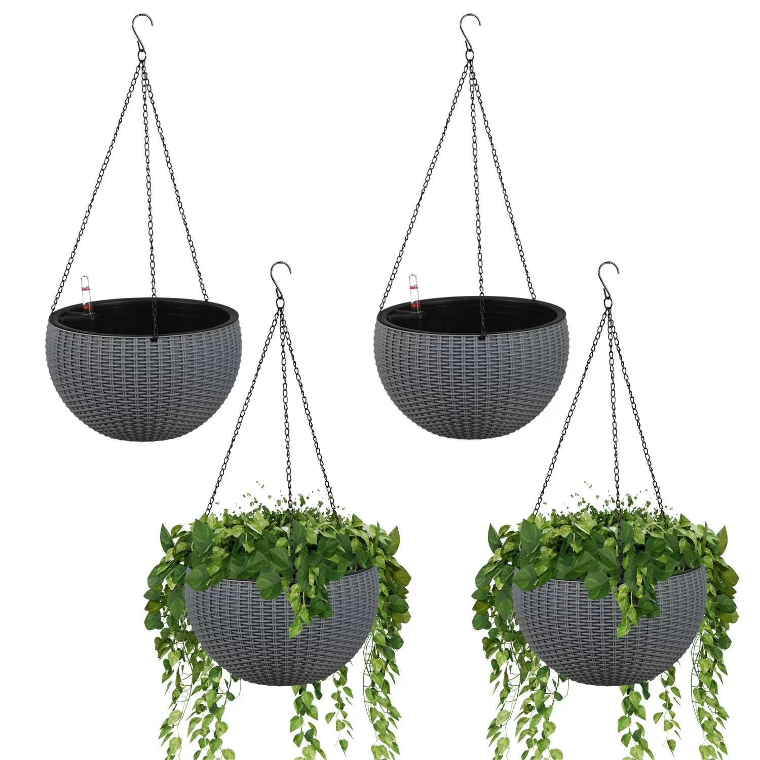 Aoodor 4 Pack Self-Watering Hanging Planters, 10 inch Dual-pots Design Hanging Baskets with Water Level Indicator, Drainer and Chain for Indoor Outdoor Gardening
