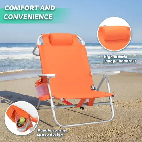 OFIKA Backpack Beach Chair for Adults,Beach Chair with 5 Position,High Back Flat Beach Chairs with Headrest,Towel Bar,Cooler Bag,Storage Bag,Cup Holder,Phone Holder