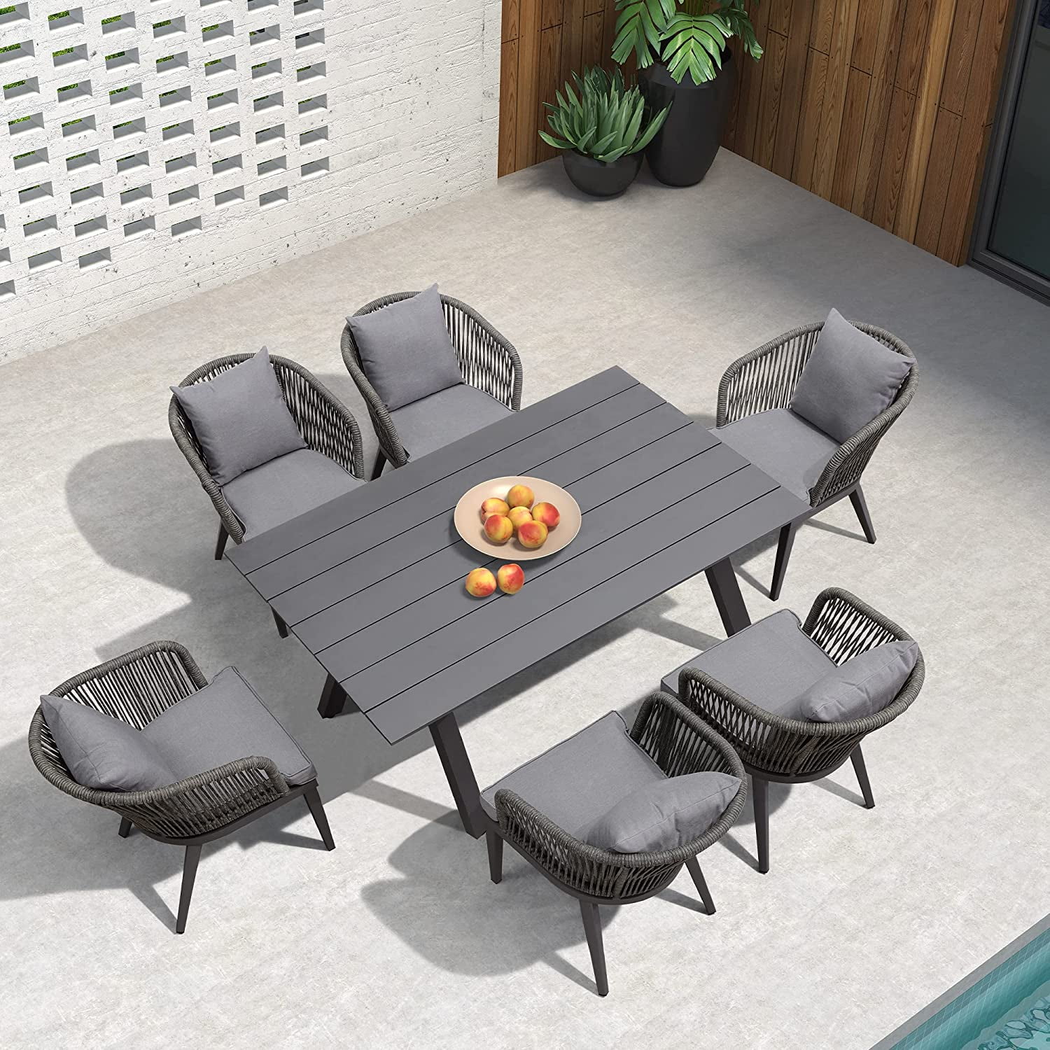 LEAF 7 Pieces Patio Dining Sets All-Weather Wicker Outdoor Patio Furniture with Table All Aluminum Frame for Lawn Garden Backyard Deck Outdoor Dining Sets with Cushions and Pillows  Grey