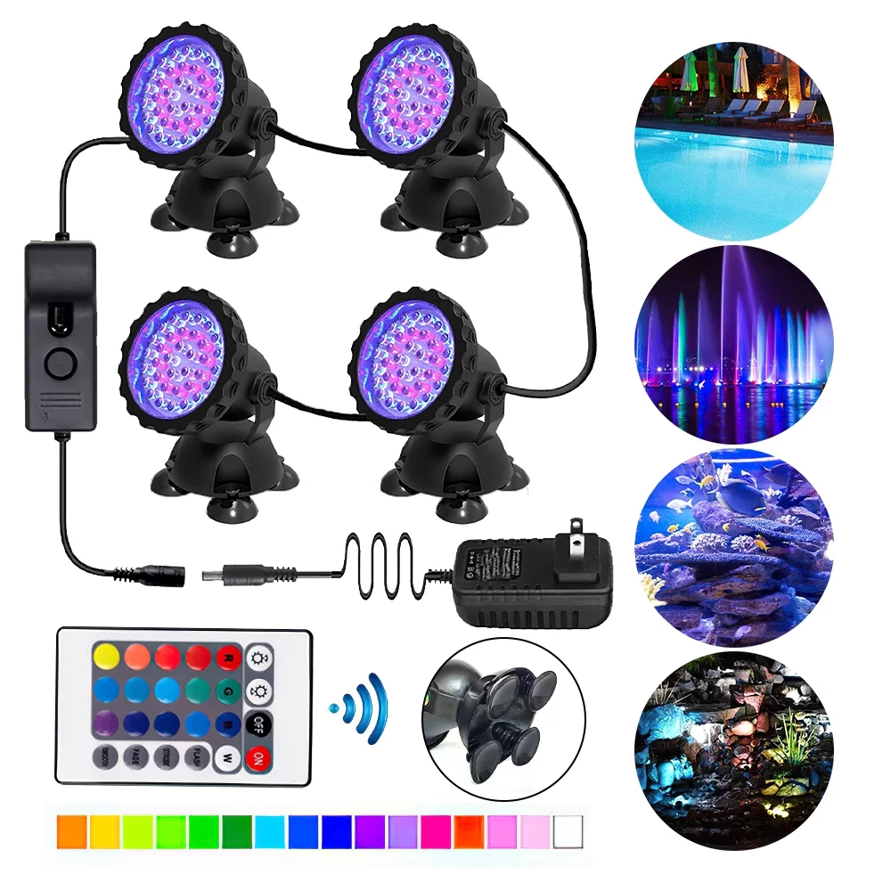 Submersible 36 LED RGB Pond Spot Lights Underwater Pool Fountain IP68+IR Remote