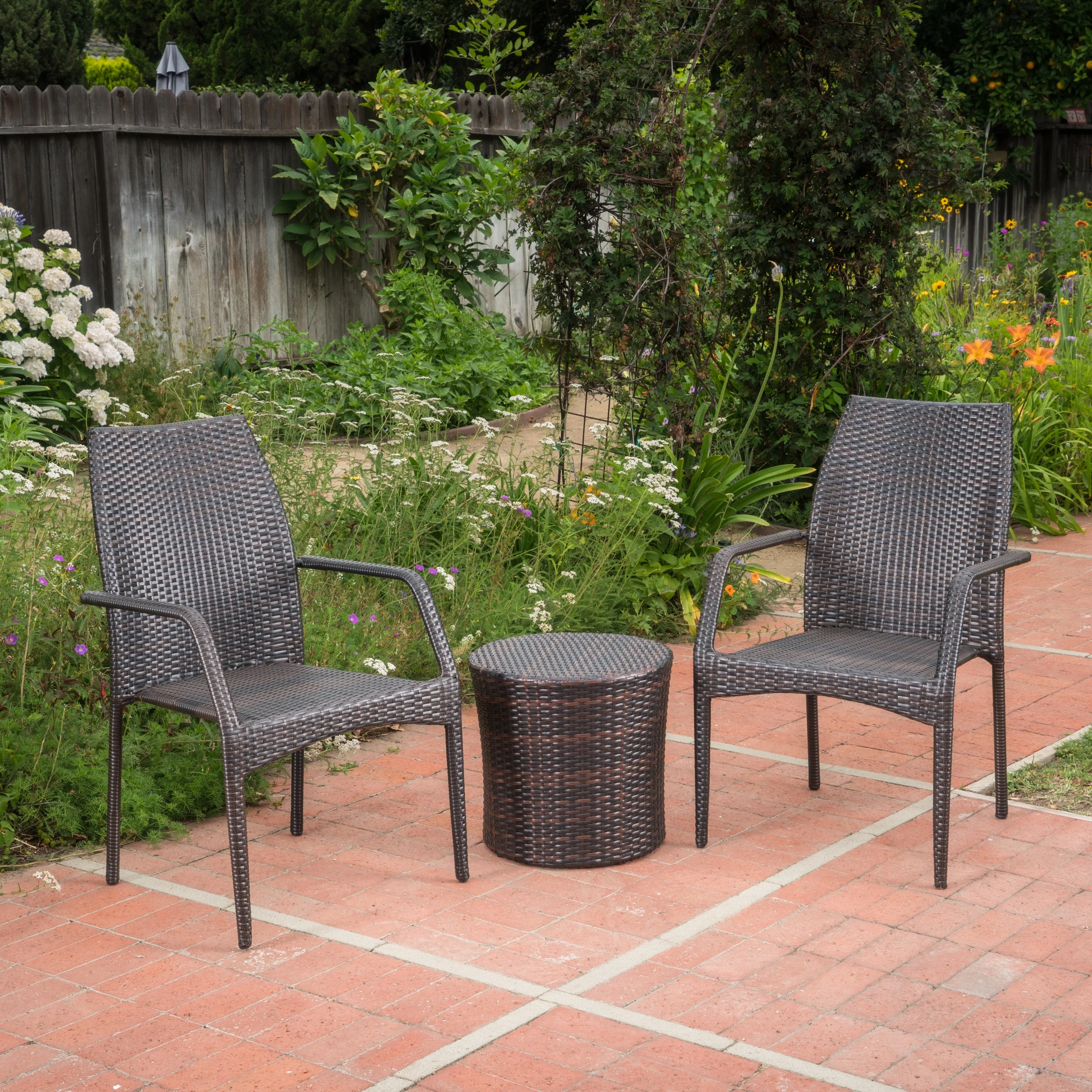 Darby Outdoor 3 Piece Wicker Stacking Chair Chat Set, Multibrown