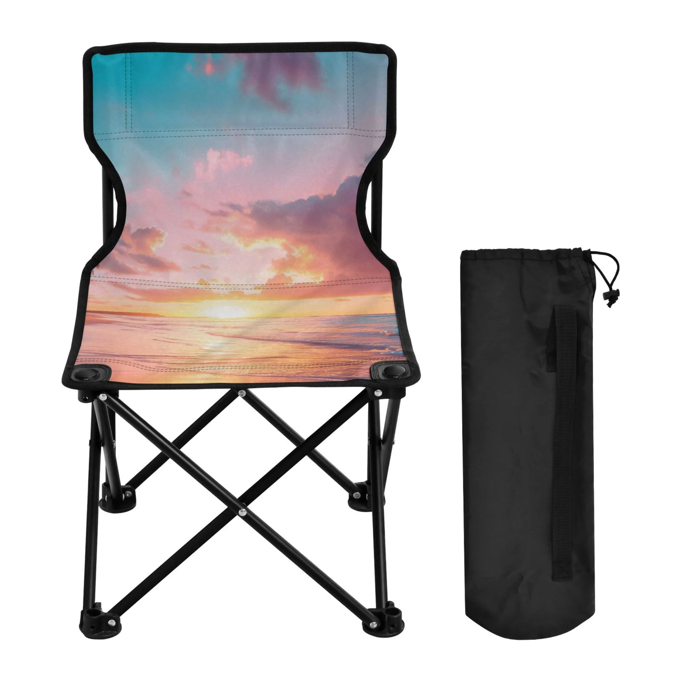 Sunset Beach Landscape Portable Camping Chair Small for Kids Outdoor Folding Beach Chair Fishing Chair Lawn Chair with Carry Bag