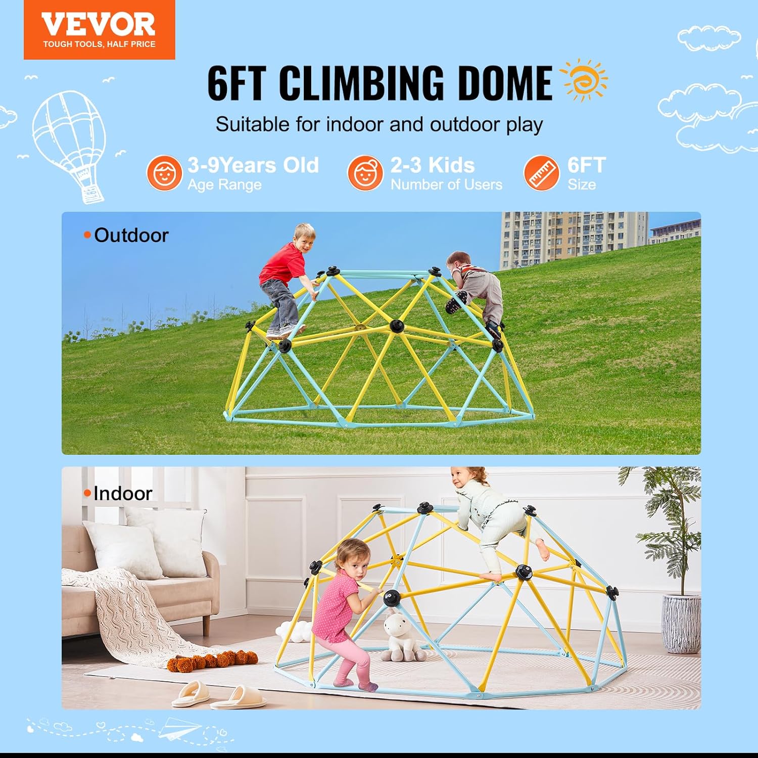 Climbing Dome, for Kids 3 to 9 Years Old, 8FT Geometric Dome Climber with Slide, Jungle Gym Supports 600LBS and Easy Assembly, with Climbing Grip, Outdoor and Indoor Play Equipment for Kids
