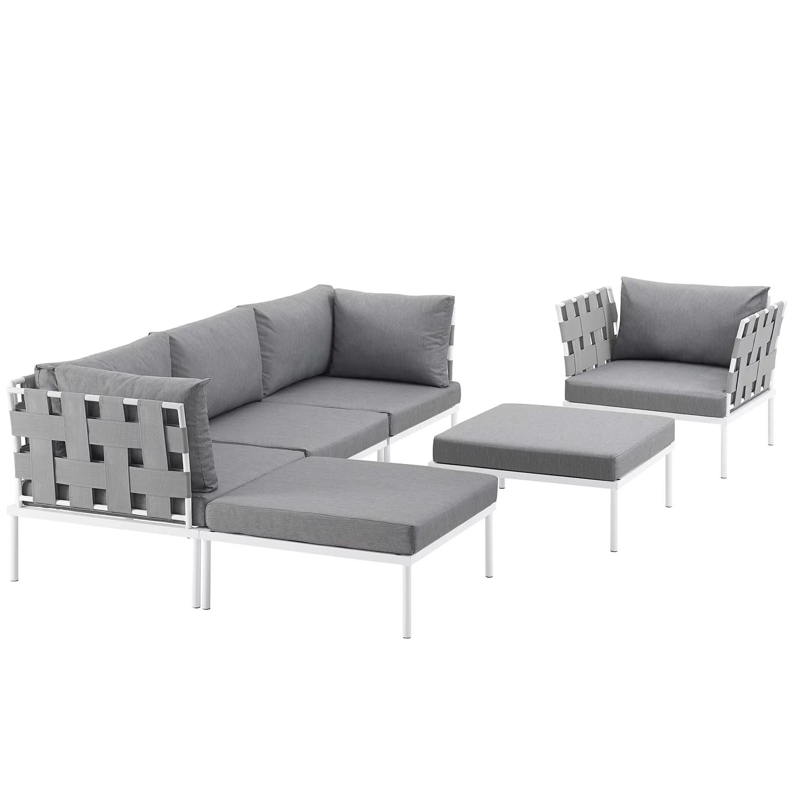 Modern Contemporary Urban Design Outdoor Patio Balcony Six PCS Sectional Sofa Set, Grey White Gray, Rattan