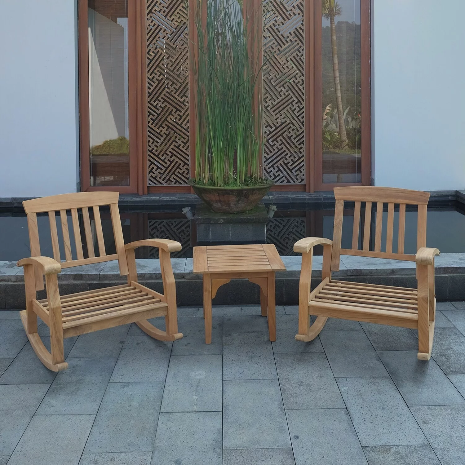 Havenside Home Leon 3-piece Teak Patio Chat Set with Cushion by  Weathered Teak/Blue Spruce Cushion