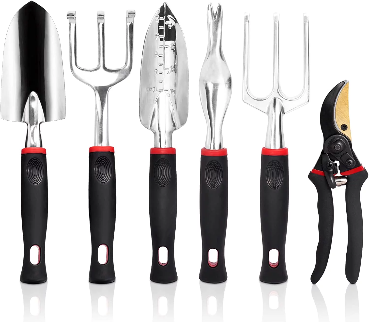 Complete Gardening Kit 6-Piece Non-Slip Aluminum Handy Depth Markings Weeder Pruner Fork Gift for Men & Women