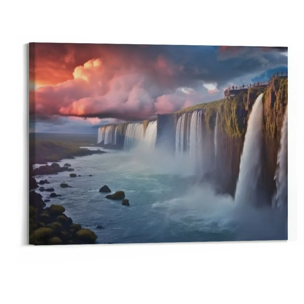 Fenyluxe Cliff Waterfall Stretched Canvas Wall Art For Living Room Bedroom Home Decoration,Mordern Sunrise Scene Print Picture Painting Decor Artwork,Gallery Wrapped Gift Frame(20x16 Inch)