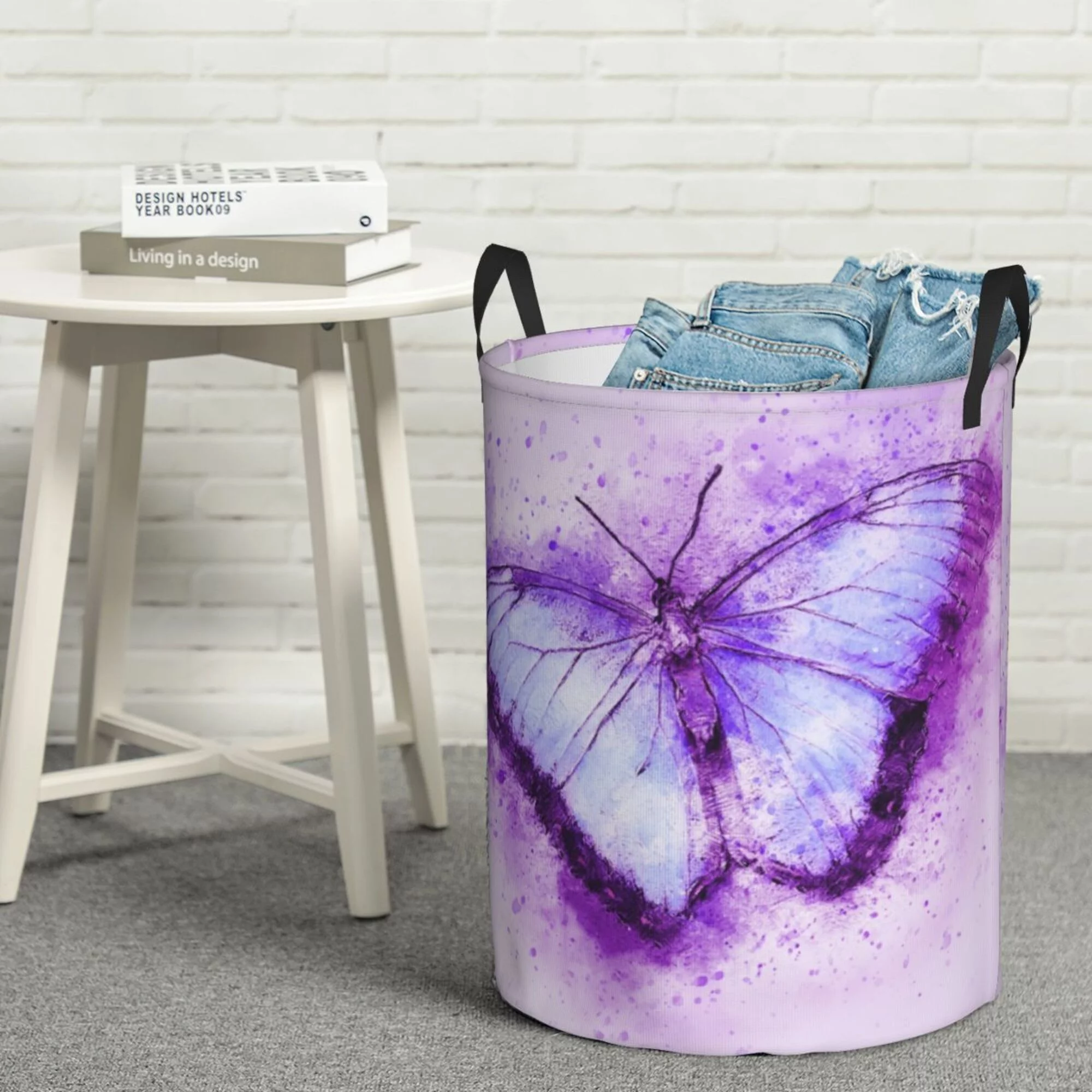 DouZhe Waterproof Collapsible Large Laundry Baskets, Butterfly Insect Flying Art Prints Circular Hamper with Handles