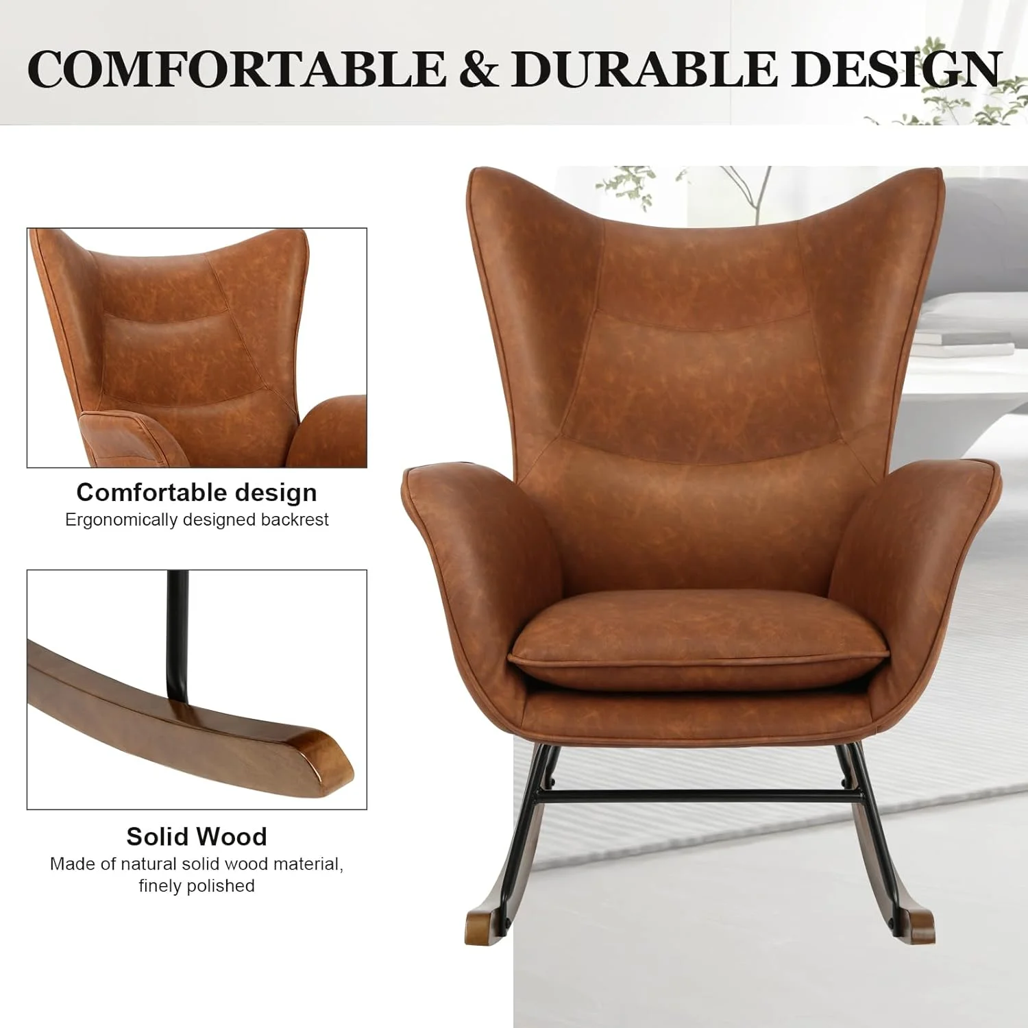 CHIOPKM Rocker Glider Chair Modern Nursery Rocking Chair PU Leather  with Wooden Base High Backrest and Armrests Padded Seat Comfy Upholstered  Chair   Room Bedroom Office Brown