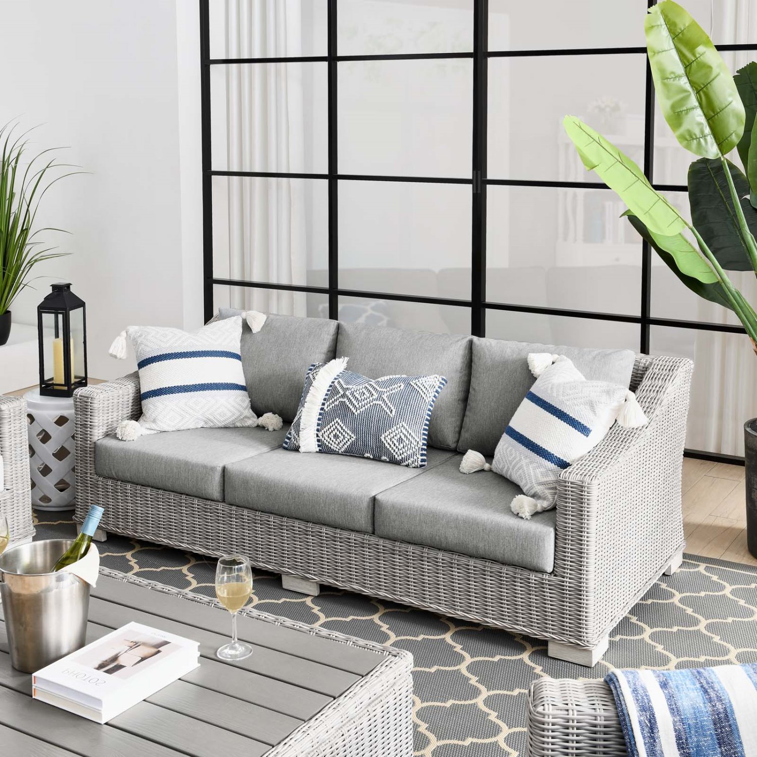 Lounge Sofa, Light Grey Gray, Rattan, Wicker, Outdoor Patio Balcony Cafe Bistro Garden Hospitality Restaurant, Modern Contemporary HB33479