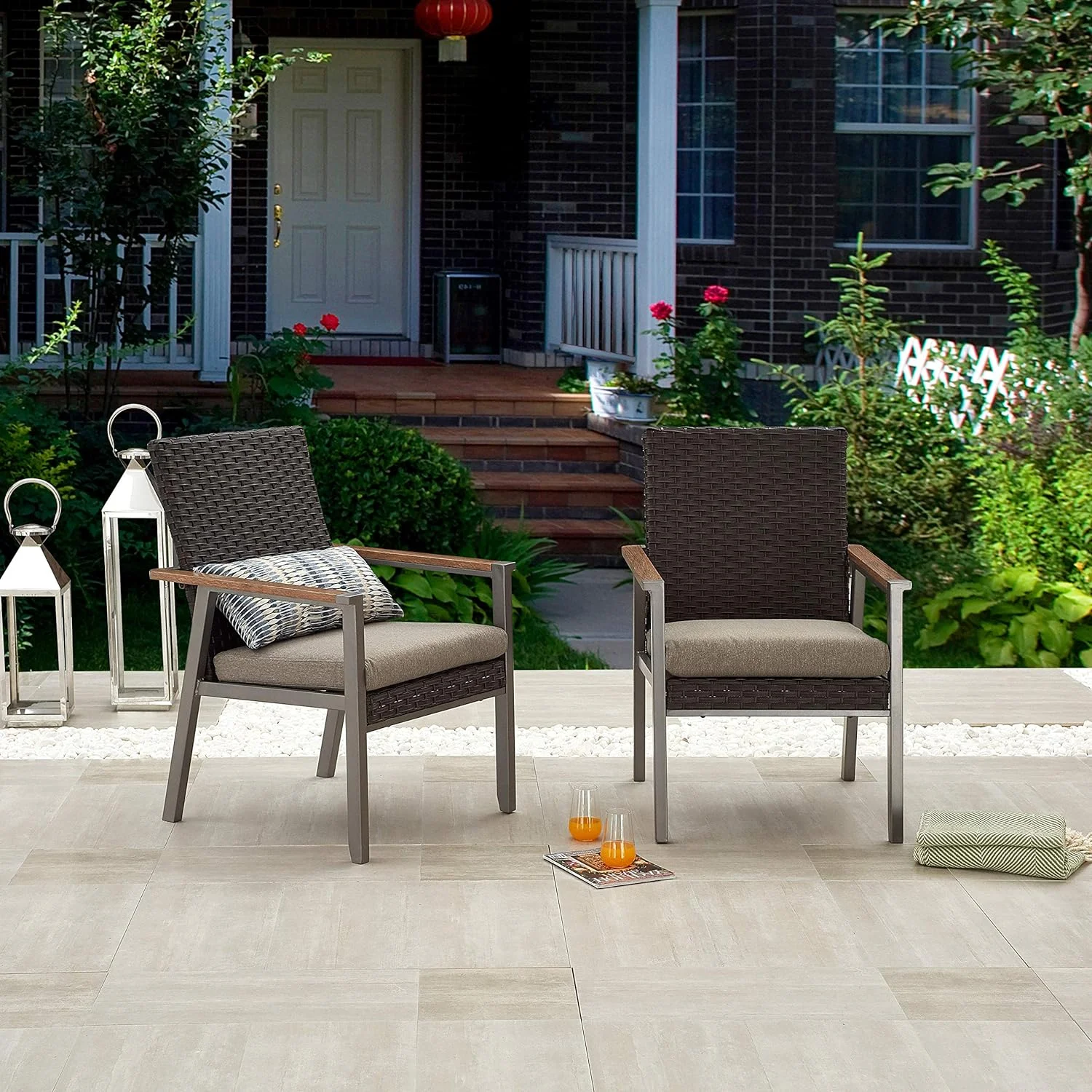 Outdoor Wicker Patio Rattan Dining Set Of 2 With Gray Cushion, 2 Chairs