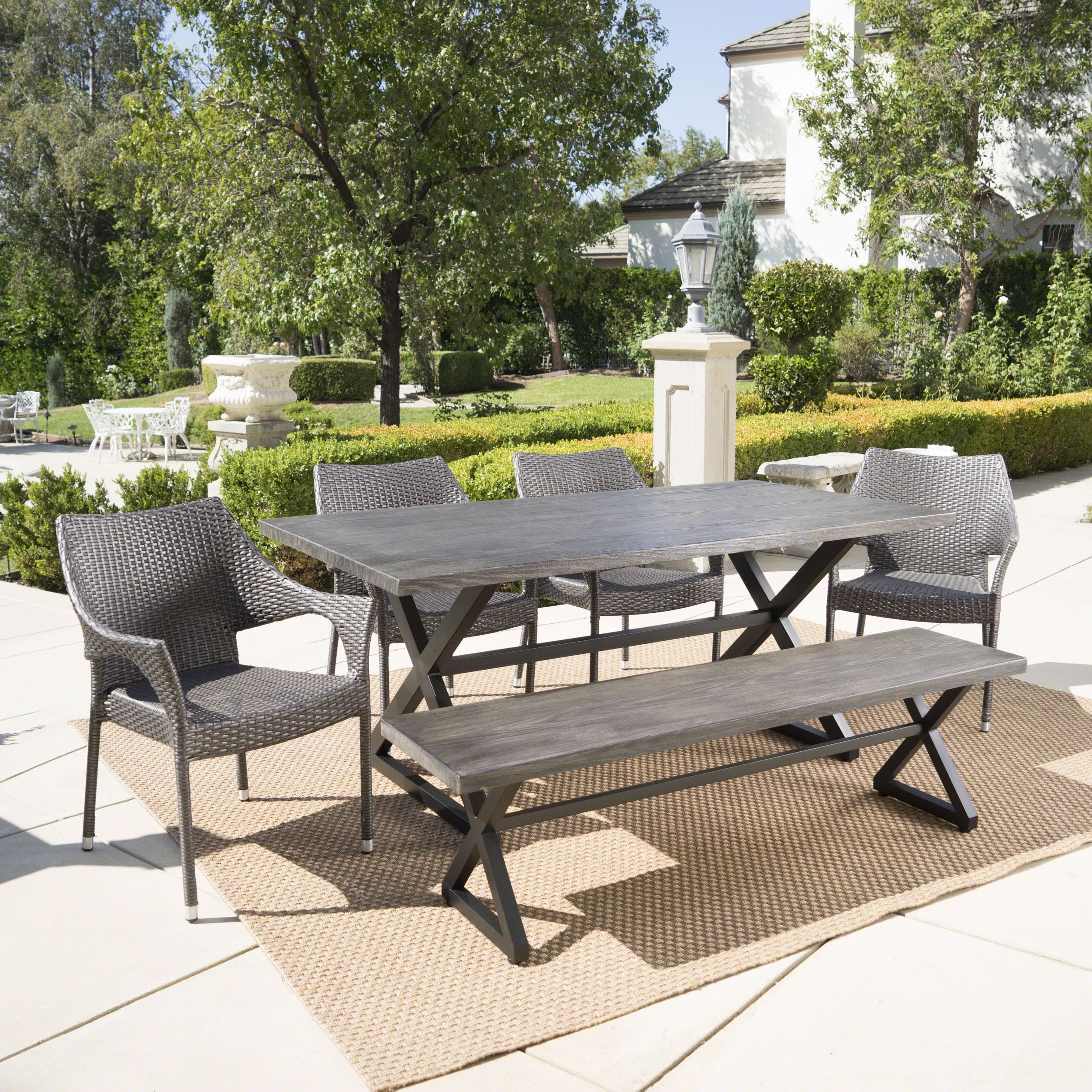 Christiano Outdoor 6 Piece Aluminum Dining Set with Bench and Wicker Stacking Chairs, Grey, Black