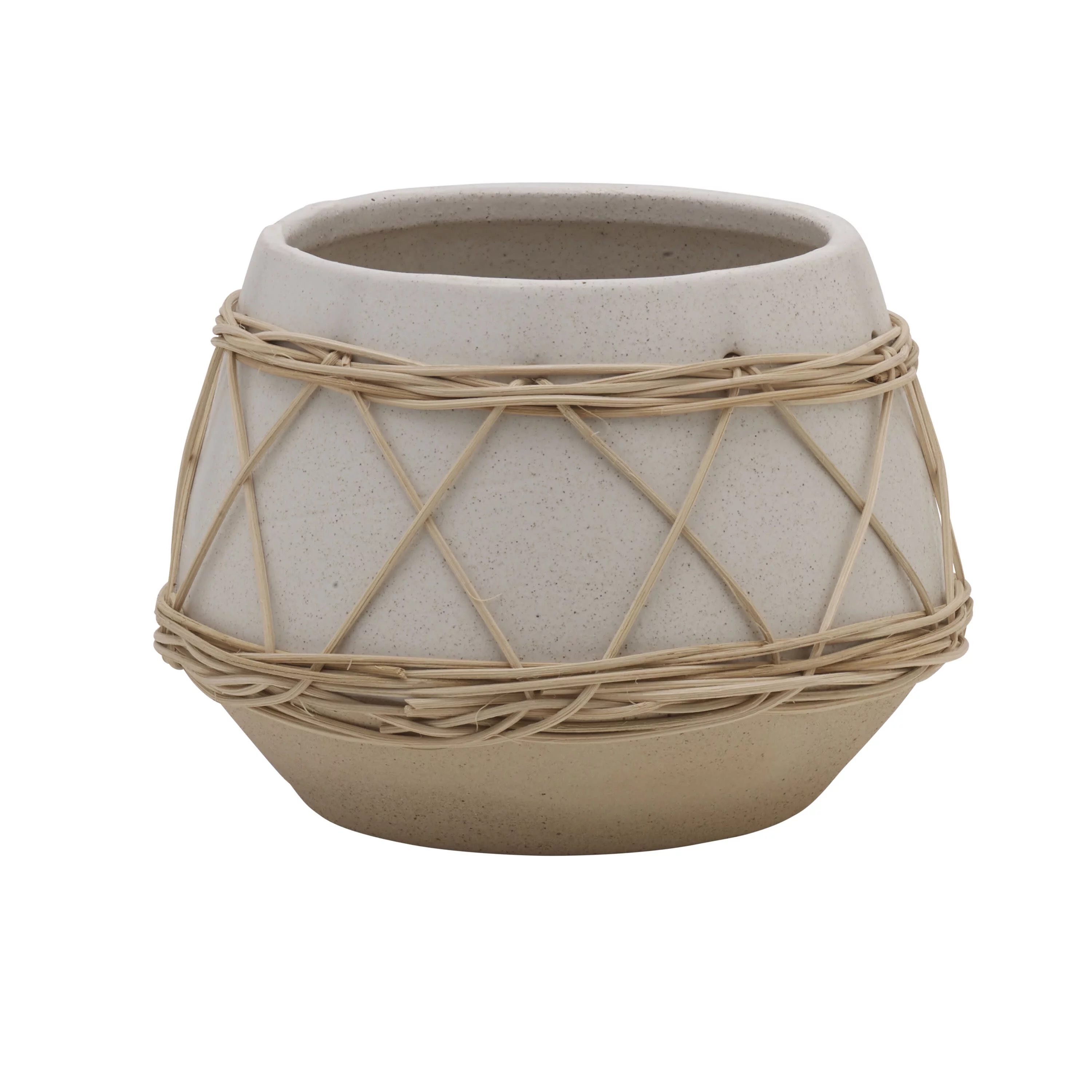Elements 7X5 Inch Rattan Wrap White Stoneware Pot