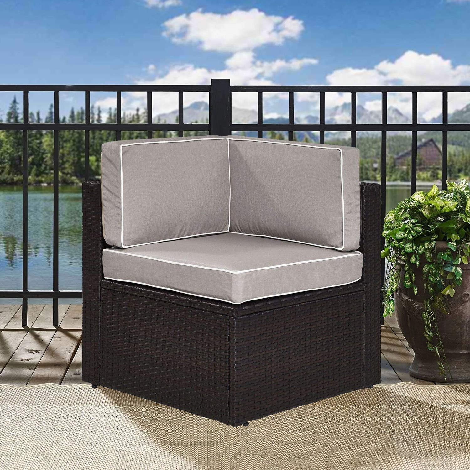 xrboomlife KO70089BR- Palm Harbor Outdoor Wicker Corner Chair  Brown with Gray Cushions