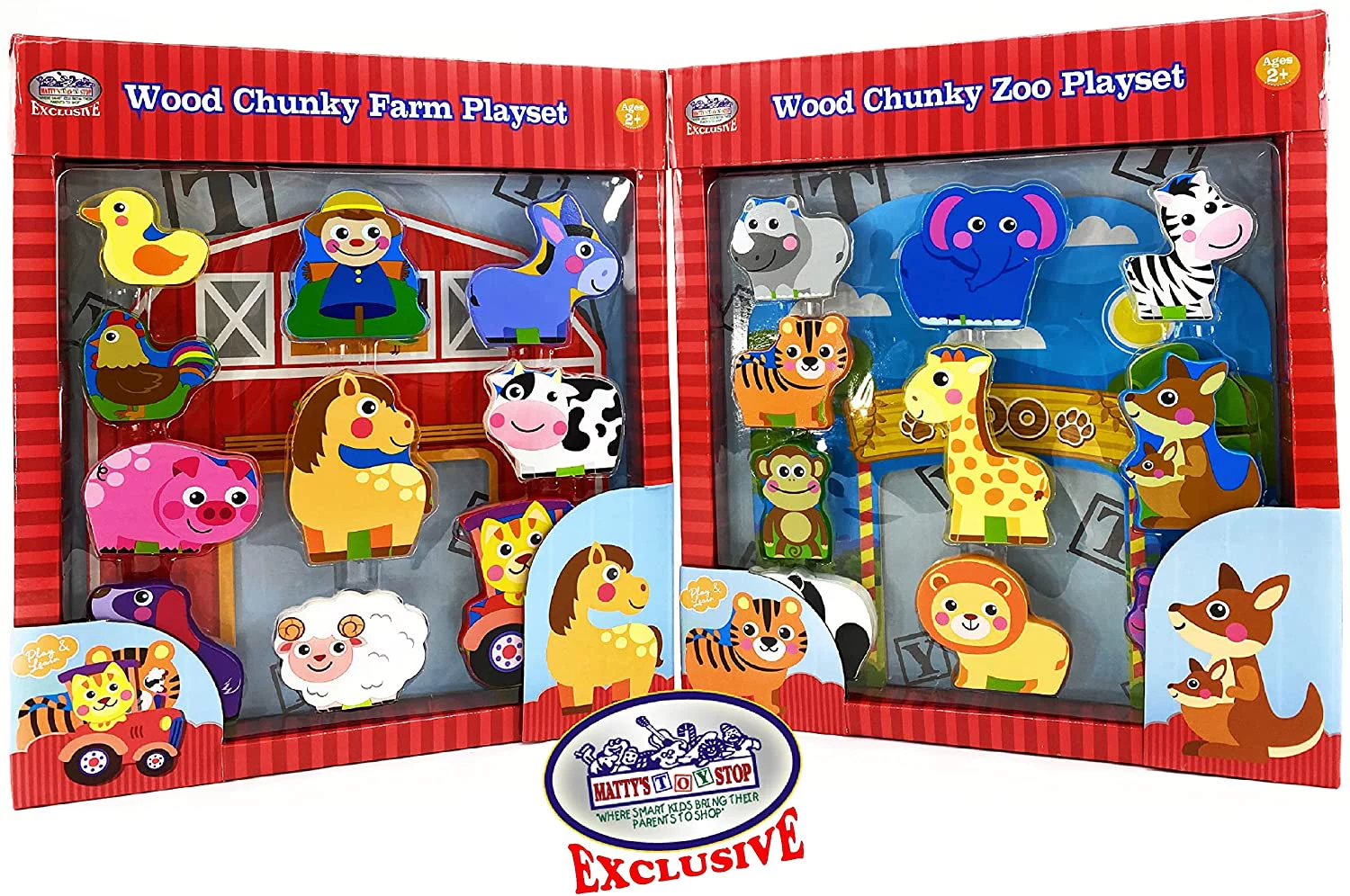 Matty's Toy Stop Deluxe Wood Chunky Farm and Zoo Animal Playsets Gift Set Bundle - 2 Pack (11pcs Each, 22pcs Total)