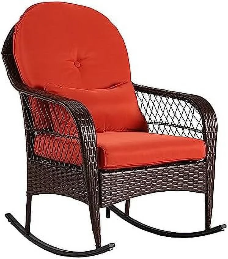 JYHOME Outdoor Wicker Rocking Chair  All Weather PE Rattan Rocker with Cushion & Pillow  Outdoor Rocking  for Garden  Porch  Backyard  Poolside (Brown Rattan+ Orange Cushion)