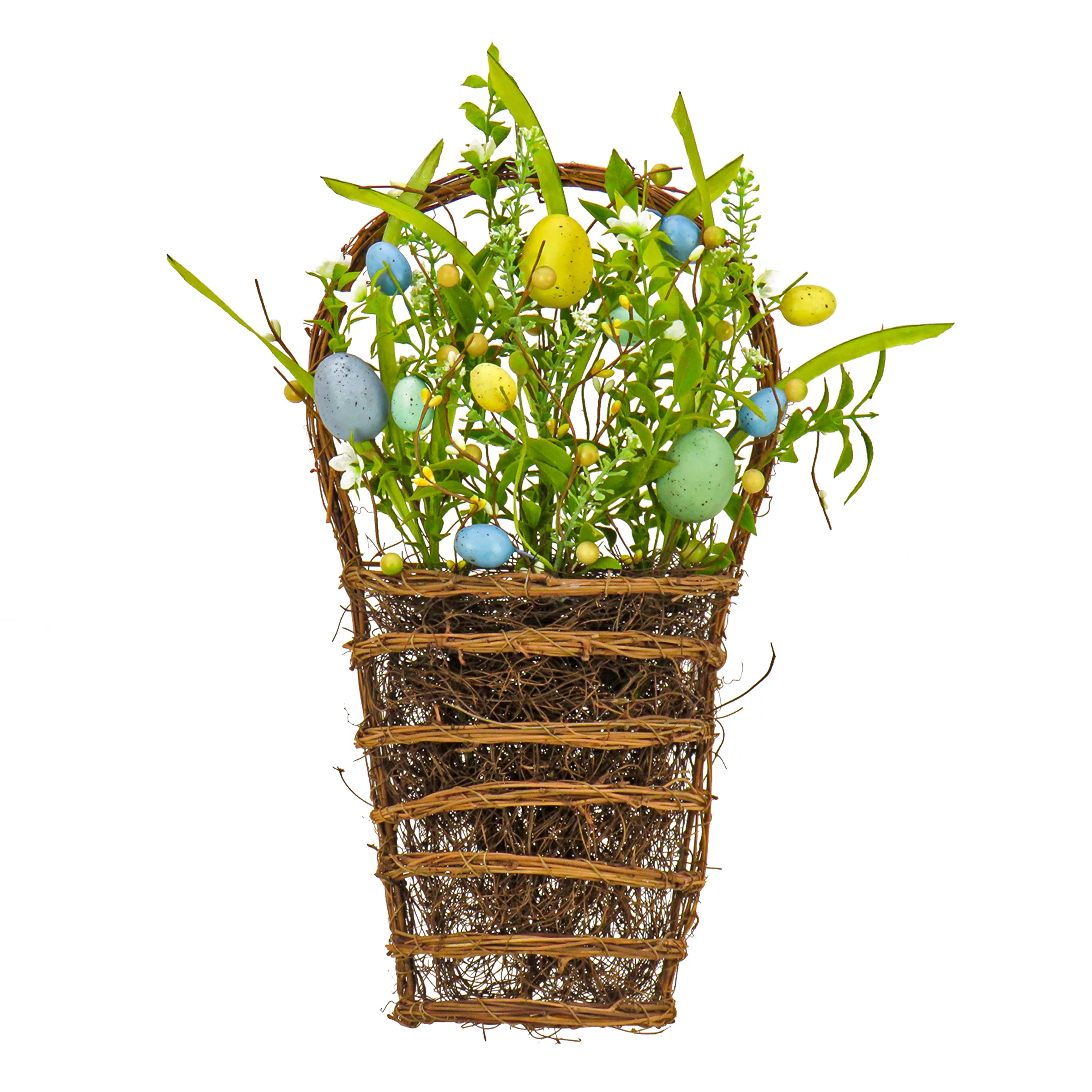 National Tree Company Artificial Hanging Wall Basket, Woven Branch Base, Decorated with Pastel Eggs, Spring Flowers, Leafy Greens, Spring Collection, 18 Inches