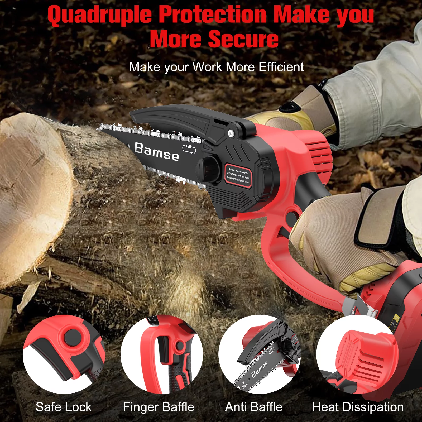 KUZUPRO Mini Chainsaw 6 Inch, Cordless Chainsaw Brushless with 2 Batteries 2.0Ah, 2 Chains, 10m/s Chain Speed Electric Chainsaw for Tree Branches, Courtyard, Household and Garden Cutting