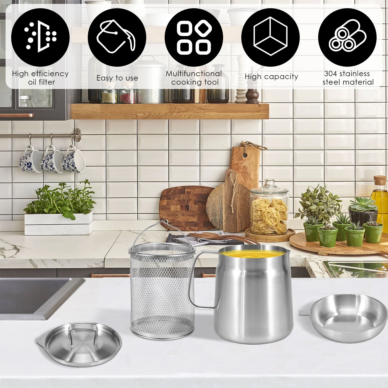 Stainless Steel Large Capacity Oil Fryer and filter Cup Combo, O0lil filter Pott, 304 stainless Steel Large Capacity Versatile Oll filter Vessel Tank (2l)