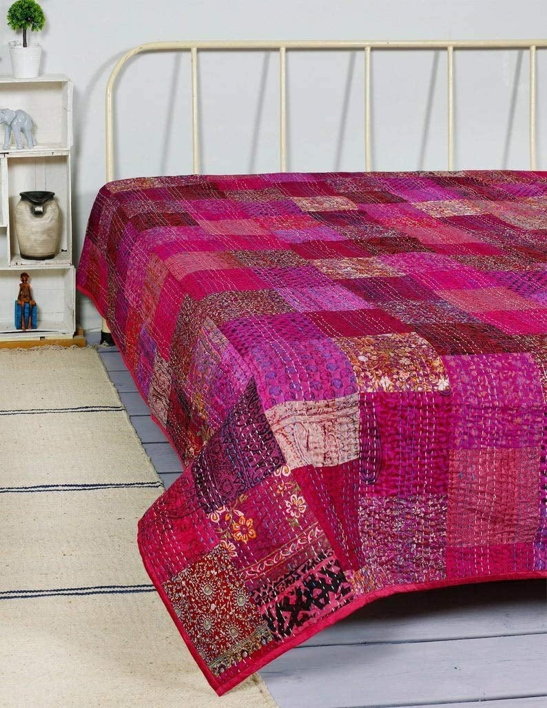 RRC Indian Patchwork Kantha Quilt,Throw Handmade Silk Patola Kantha Bed Cover, Reversible Bedding Bedspread,Vintage Hand Stitch Gudri, Decorative Beach Blanket (Pink,90