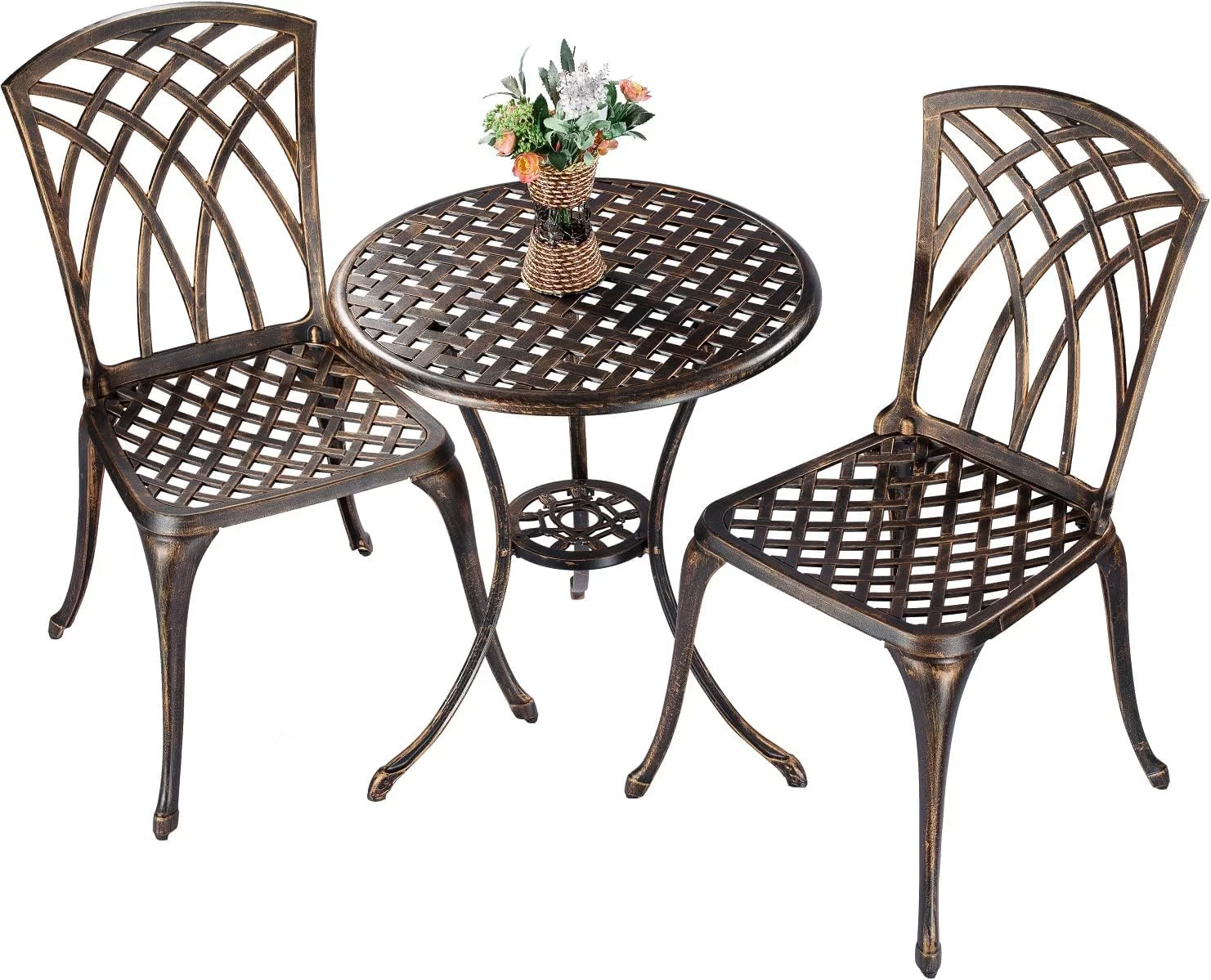Bistro Set 3 Piece Cast Aluminum Patio Furniture Sets 2 Chairs and 1 Round Table with Umbrella Hole for Outdoor, Patio Balcony, Bronze