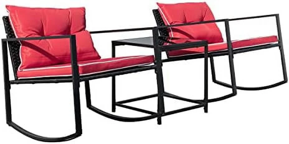 HYHBIBOOM Patio  Set 3 Pieces Rocking Chairs for 2 Person with Coffee Table&Cushion Outdoor  Wicker Sofa All Weather Conversation Set for Porch Balcony Yard or Garden(RED