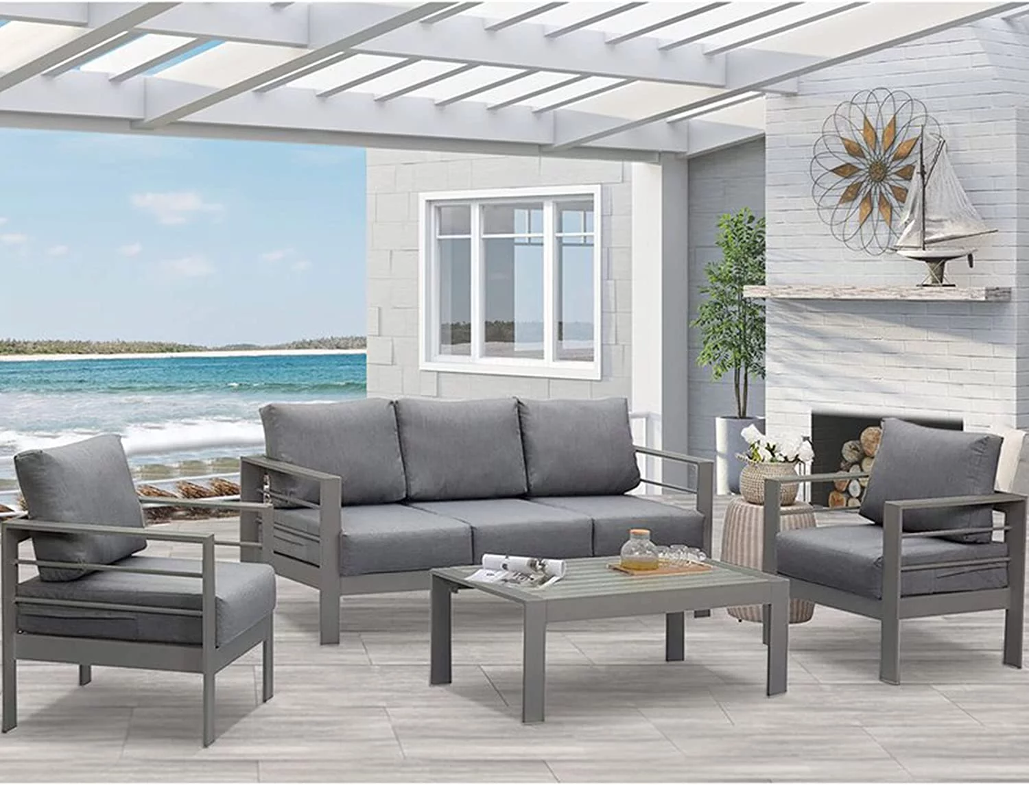 Aluminum Patio Furniture Set  4 Pcs Modern Outdoor Conversation Set Sectional Sofa with Upgrade Cushion and Coffee Table Grey