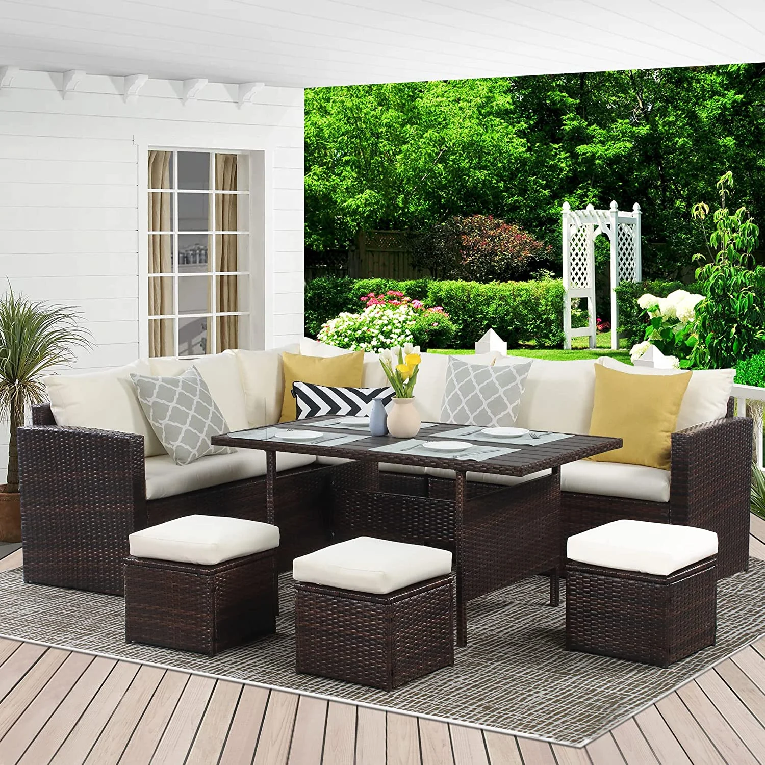 CoSoTower 7-Pieces PE Rattan Wicker Patio Dining Sectional Cusions Sofa Set with Ivory Cushions