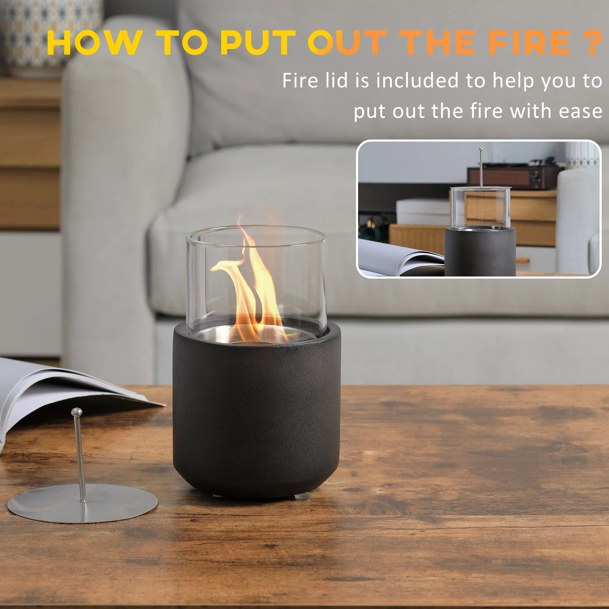 DeeHome Tabletop Fireplace, Mini Concrete Ethanol Fire Bowl with Lid, Burns up with Liquid Alcohol and Solid Tablet Alcohol, Dark Grey