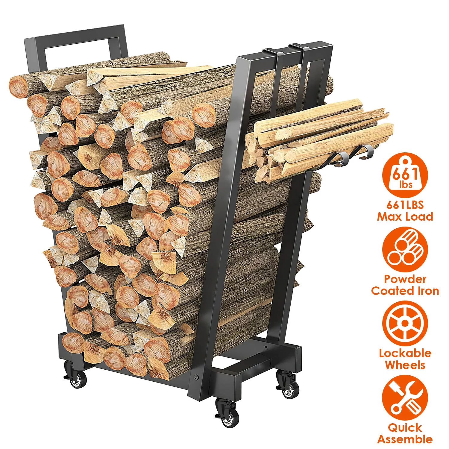Firewood Log Rack 661LBS Heavy Duty Logs Holder for Outdoor Indoor Fireplace Iron Wood Pile Storage Stacker Organizer with 2 Hanging Hooks 4 Swivel Wheels, Matte Black