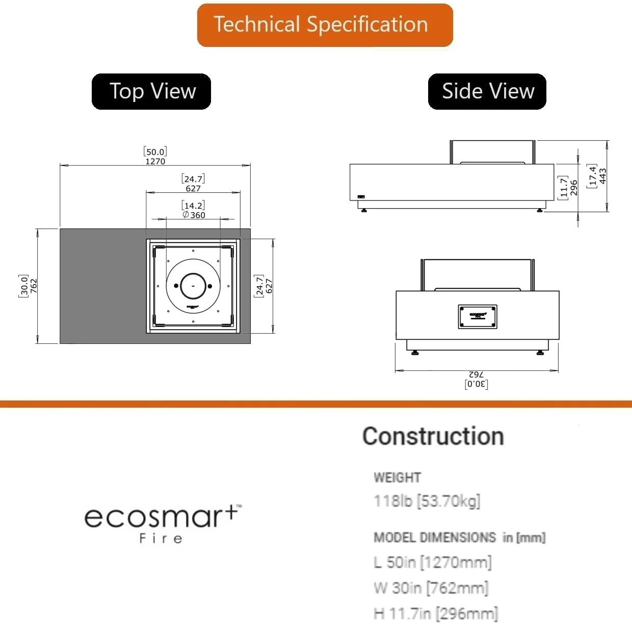 Ecosmart | Manhattan 50 Fire Pit Table | Natural Color | Stainless Steel Gas Burner | Elegant Curved Design with Versatile Wide Lip | Complements Any Decor and Setting