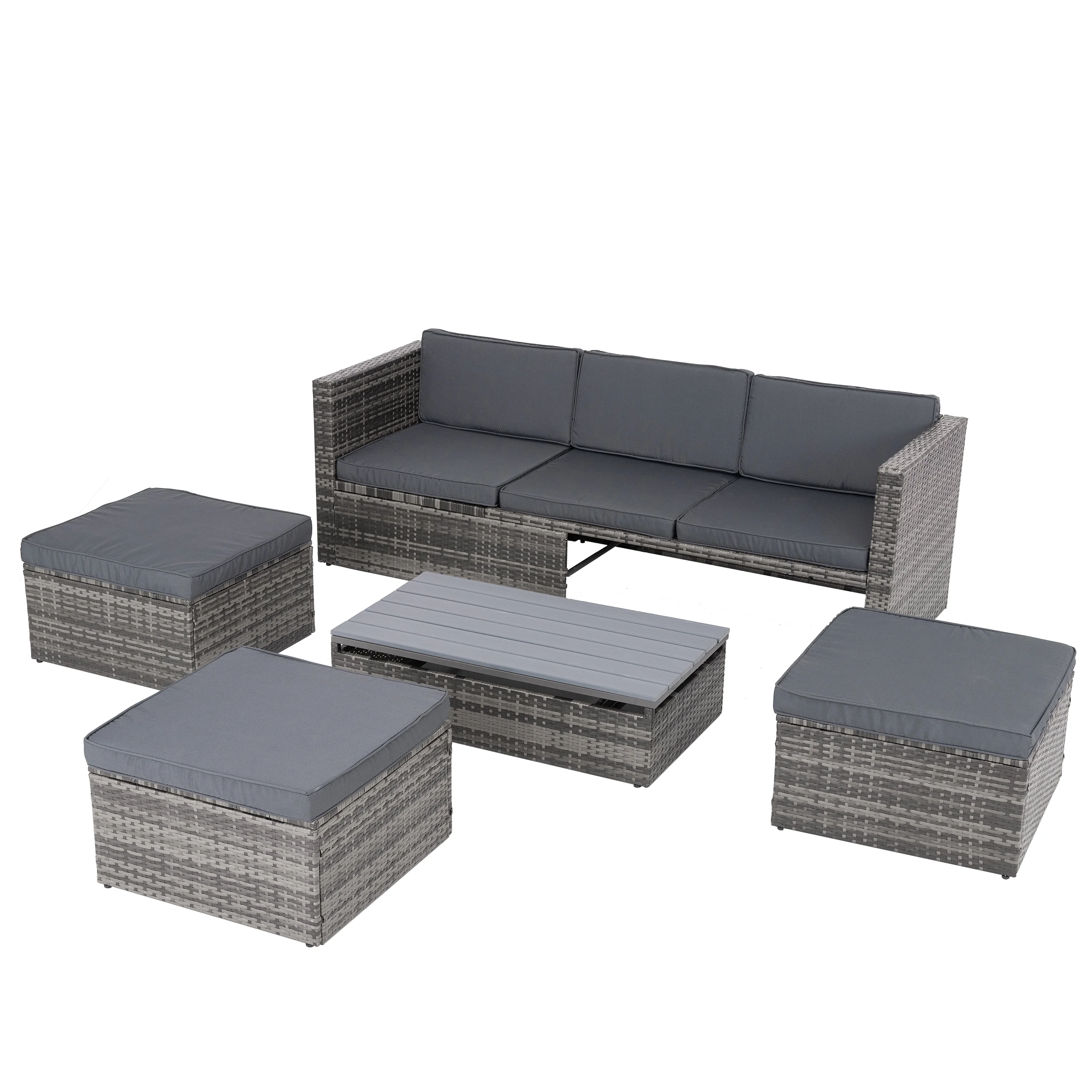 UBesGoo 5 Pcs Wicker Sectional Set for Outdoor and Indoor, Patio Furniture Set with Liftable Table, Wicker Conversation Set