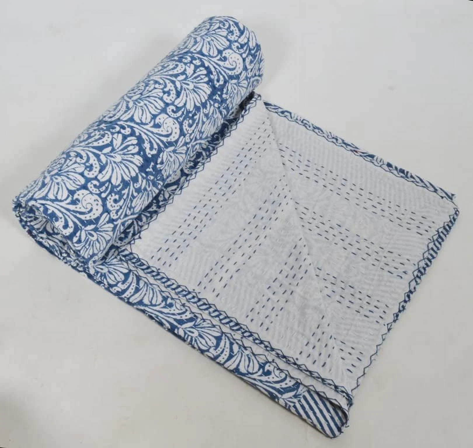 New Hand Block Print Kantha Quilt Queen Size Kantha Bedspread Cotton Quilt Indian Quilt Blanket Throw Queen Quilt