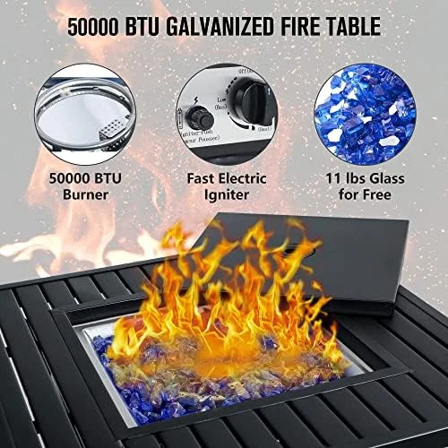 28 Inch Gas Table, 50000 BTU Square Outdoor Propane Table With Lid And Blue Fire Glass For Patio, Backyard And Garden, Black
