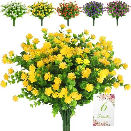 Viworld 6 Bundles Artificial Flowers Outdoor Fake Flowers , UV Resistant Faux Plastic Greenery Shrubs Plants for Hanging Garden Porch Window Box Décor (Yellow)