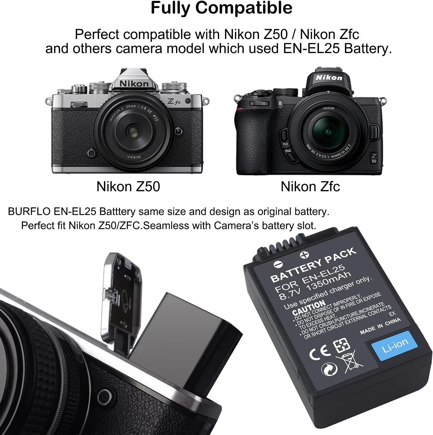 1350mAh EN-EL25 EN-EL25A Battery Rechargeable,for Nikon Z50 Z 50,Z FC ZFC Mirrorless Camera,Z Series Digital Camera & More 4241 ENEL25 VOA050AE