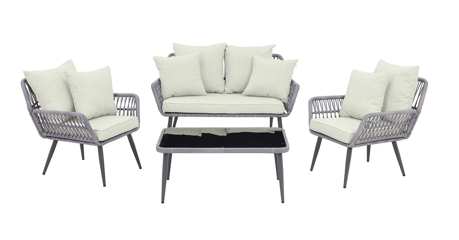Manhattan Comfort Portofino Rope Wicker 4-Piece Patio Conversation Set with Cushions in Cream