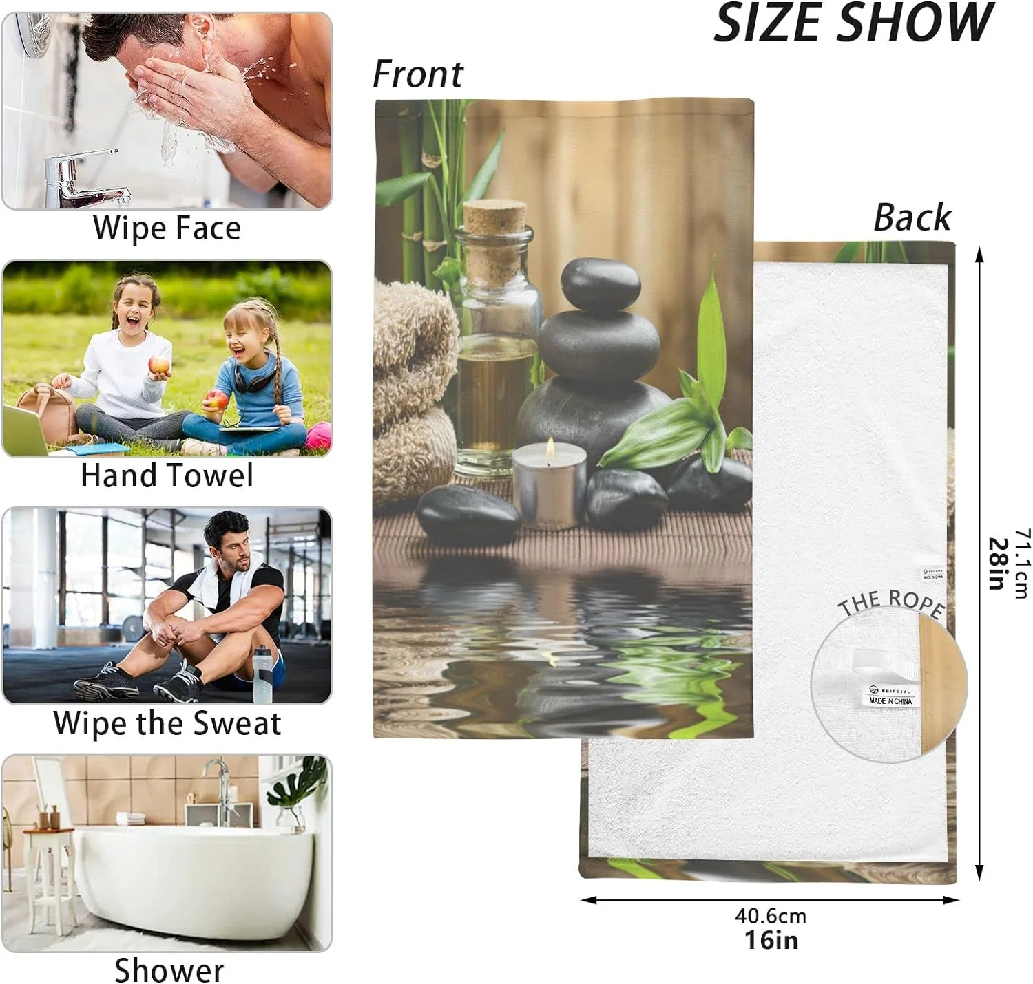 Bestwell Zen Basalt Stones on Wood Print Pure Cotton Hand Towels for Bath Decorative Guest Towels Fingertip Towels for Bathroom Spa Gym, 2-Piece, 16 x 28 inches（236）