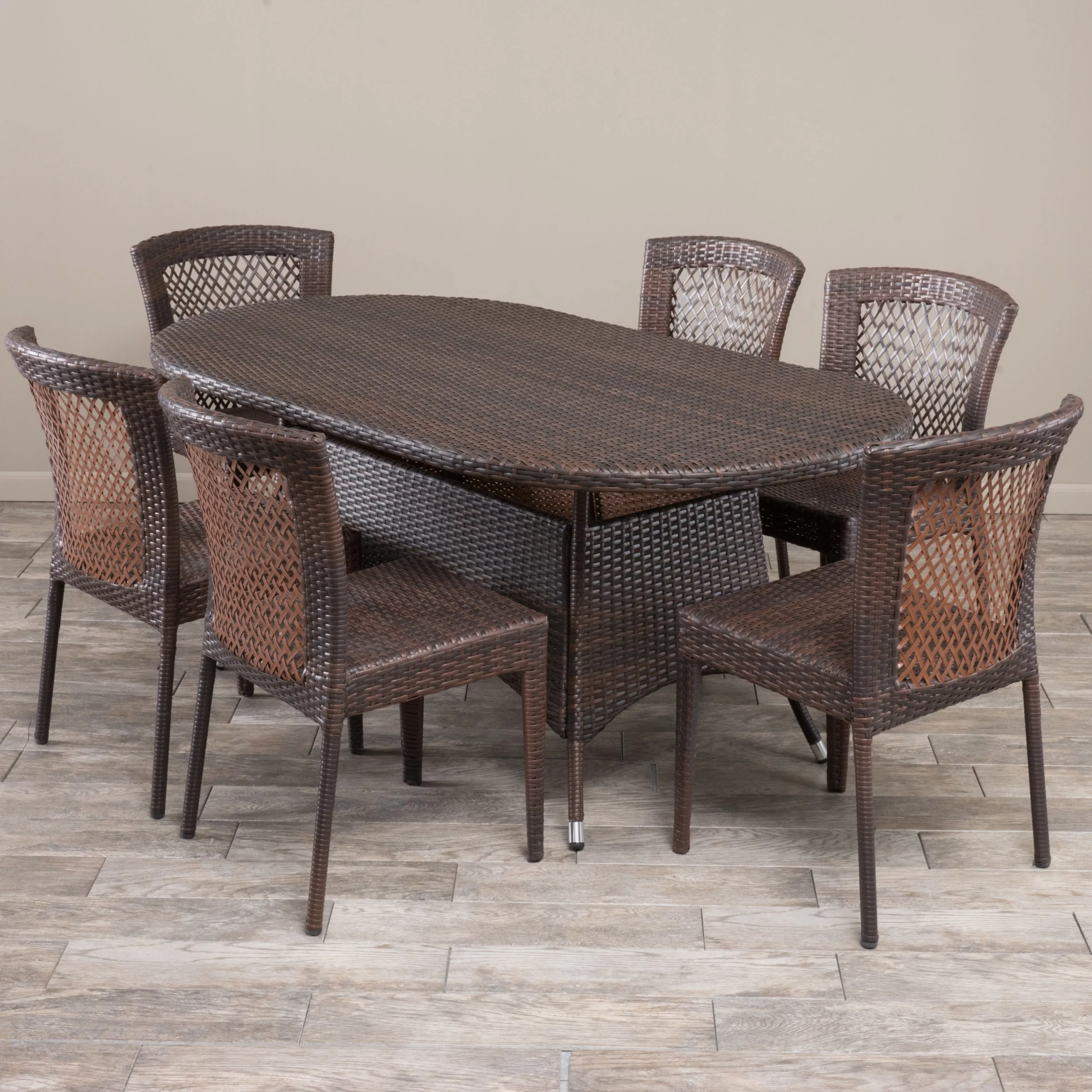 Cisneros 7 Piece Oblong Wicker Dining Set, Multibrown