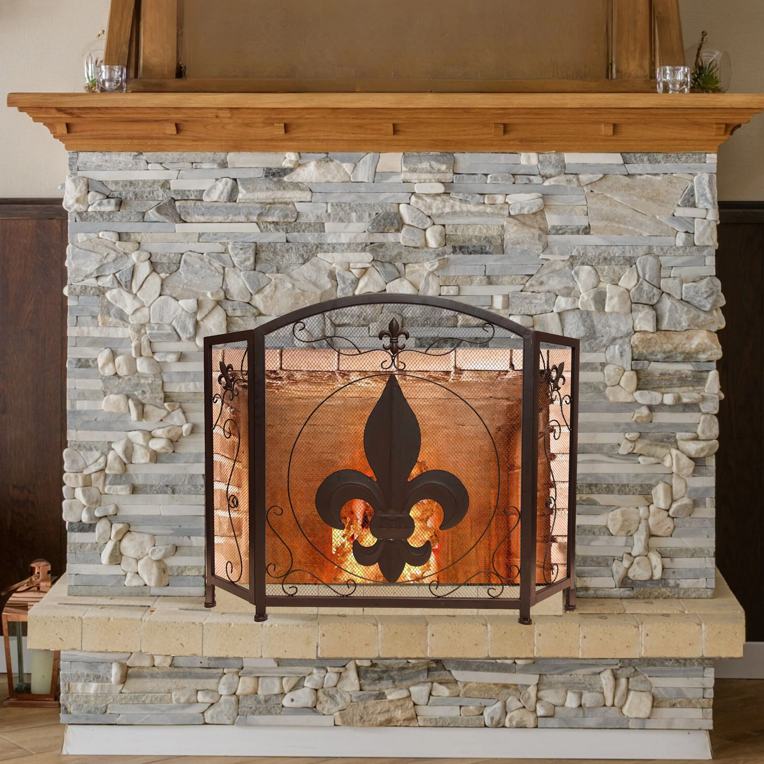 3-panel Foldable Fireplace Screen with Fleur De Lis Design
