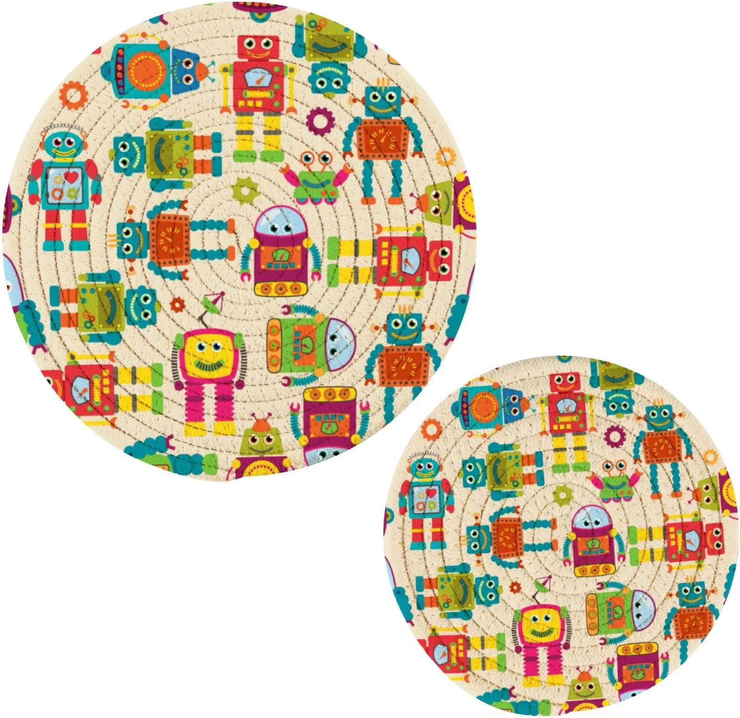 Wellsay Funny Robots Cartoon Pot Holders Trivets 2 Pcs Heat Resistant Trivets for Hot Dishes,Cute Mosaic Toys Cotton Thread Weave Trivet Mats for Hot Pads Pans Pot Bowl Teapot for Kitchen Decor