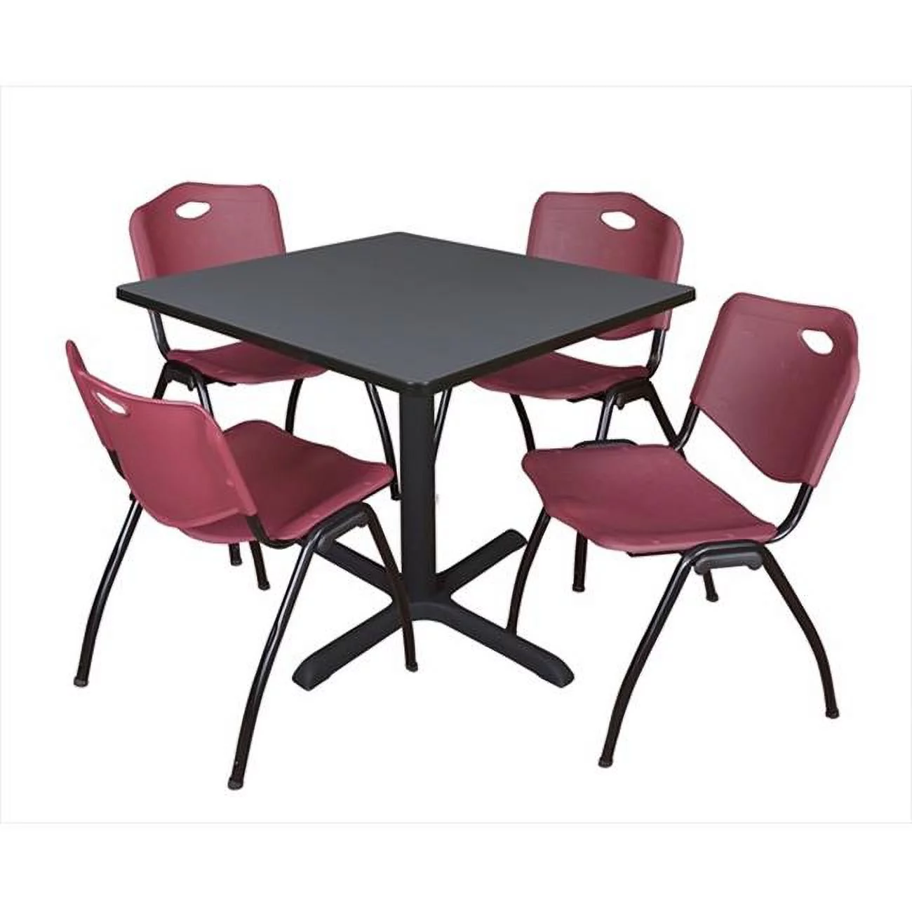 36 In. Square Laminate Table - Grey & Cain Base With 4 Burgundy M Stack Chairs