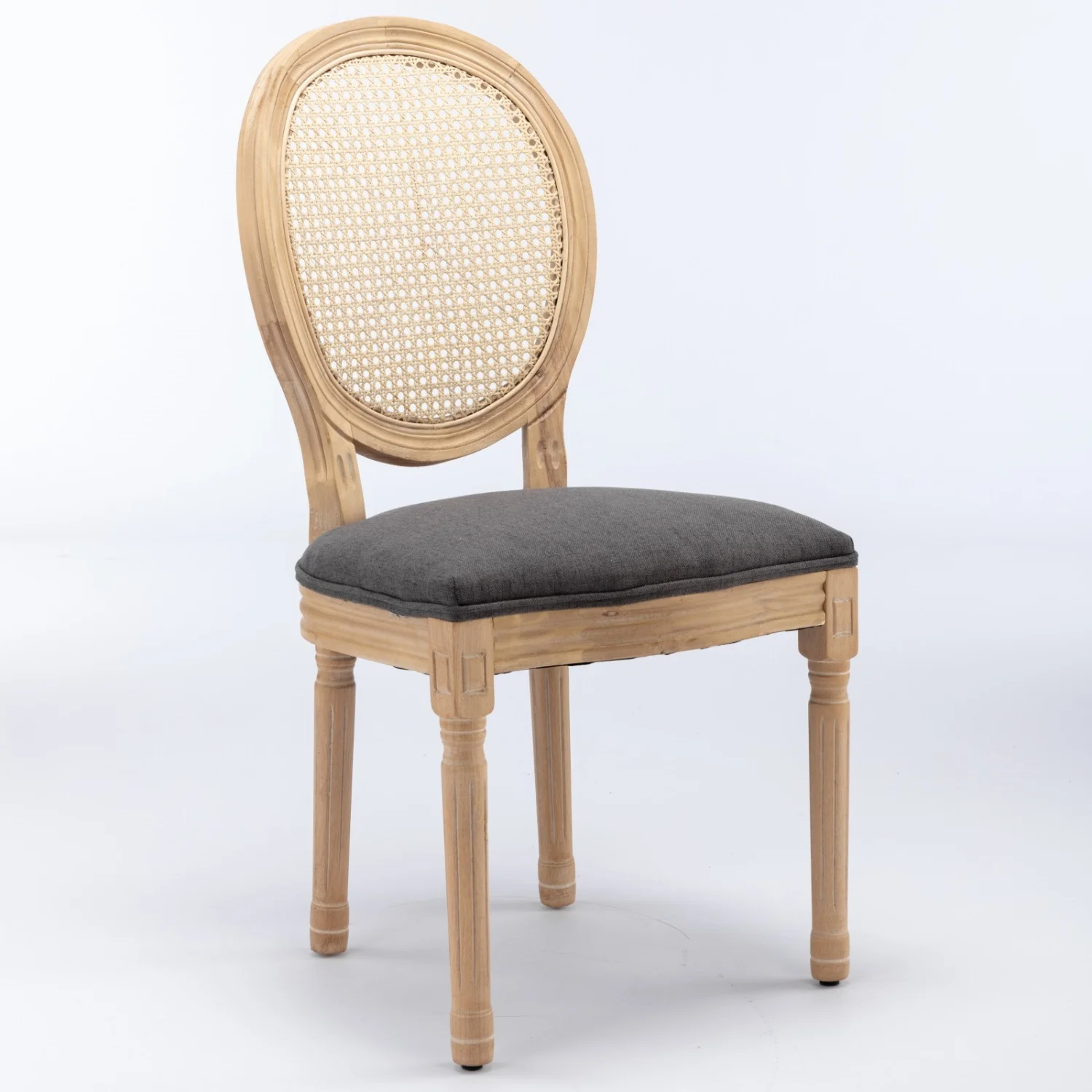 CGFHYP &  French Style Solid Wood Frame Antique Painting Linen Fabric Rattan Back Dining Chair  Gray