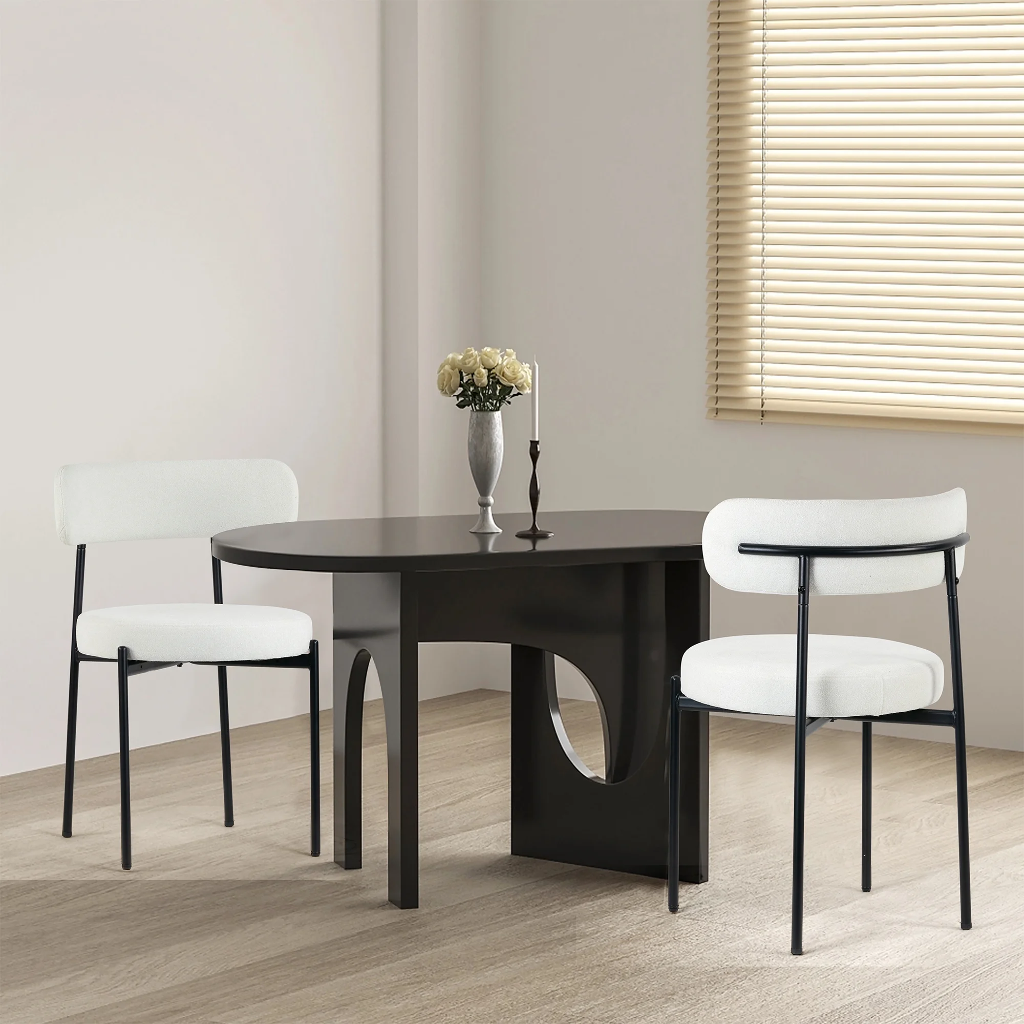 Set of 2 Avrom White Boucle Fabric Dining Chair with Black Metal Iron Legs