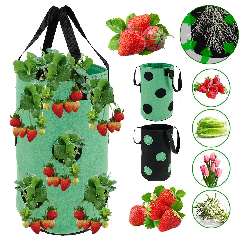 ZOELNIC Strawberry Planting Pot Container Plant Grow Bags Home Hanging Strawberry Planter Growing Bags Reusable Non-woven Fabric Green