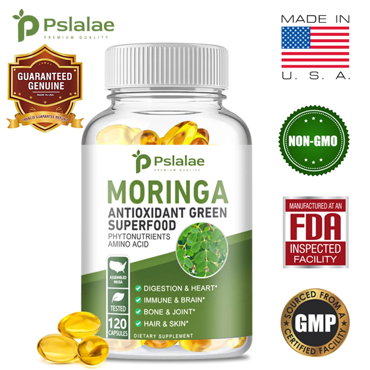Pslalae Moringa Capsules 1000mg -Promote Metabolism, Energy,Digestion & Immune Support(30/60/120pcs)