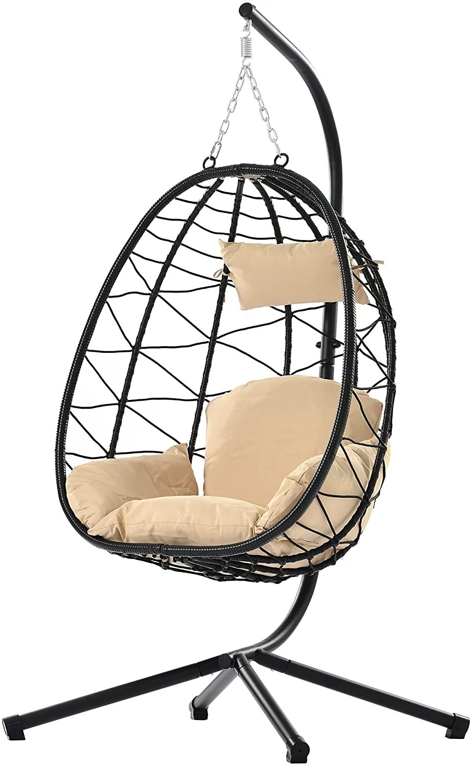 Indoor Outdoor Hanging Egg Chair with Stand, Wooden Swing Hammock for Patio Porch Backyard